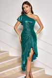 Dark Green Mermaid Metallic One Shoulder Cocktail Dress with Ruffles