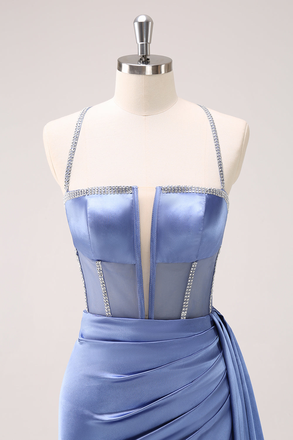 Sparkly Blue Spaghetti Straps Corset Prom Dress with Lace-Up Back