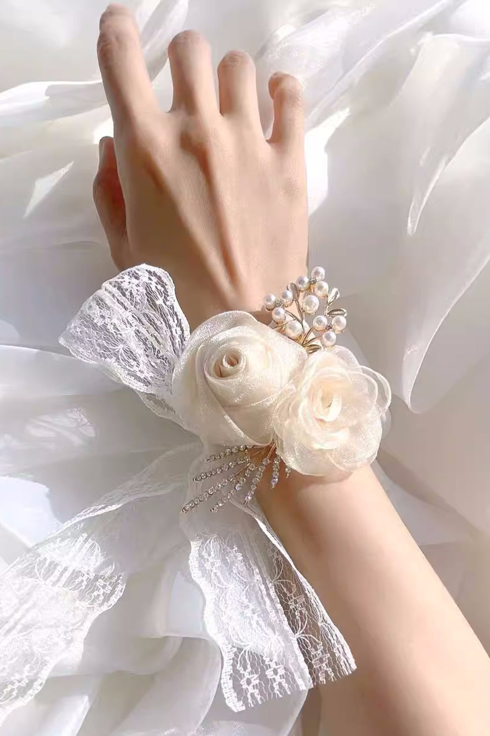 Champagne Pearl Prom Wrist Corsage for Wedding