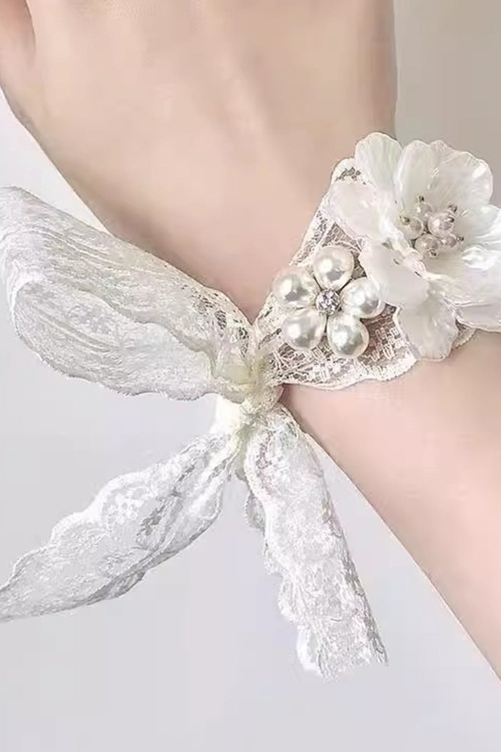 White Ceramic Flower Wrist Corsage with Lace Ribbon