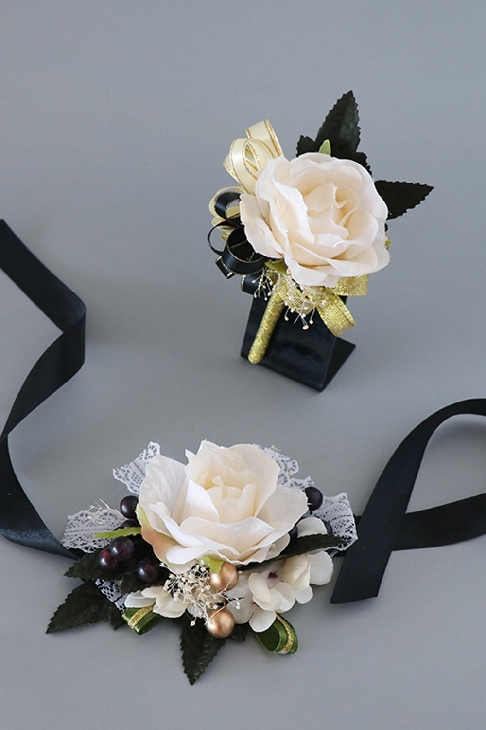 Luxury Black White Homecoming Wrist Corsage and Men's Boutonniere Set