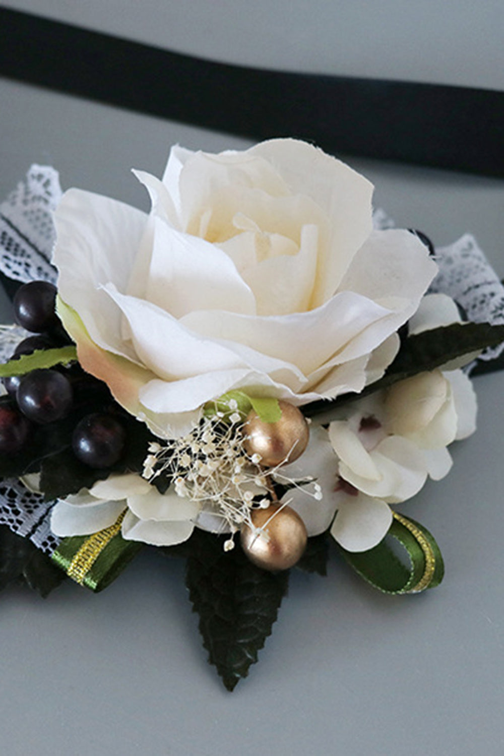 Luxury Black White Homecoming Wrist Corsage and Men's Boutonniere Set