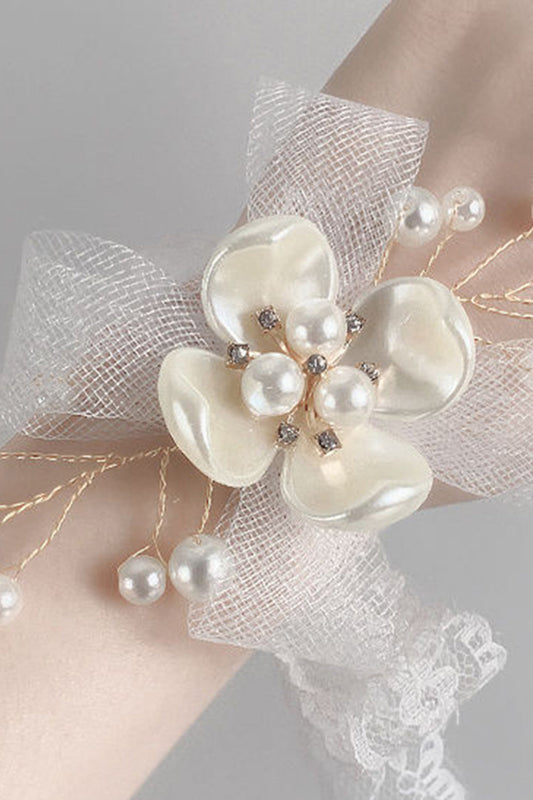 Elegant White Ceramic Flower Mesh Wrist Corsage with Lace Ribbon