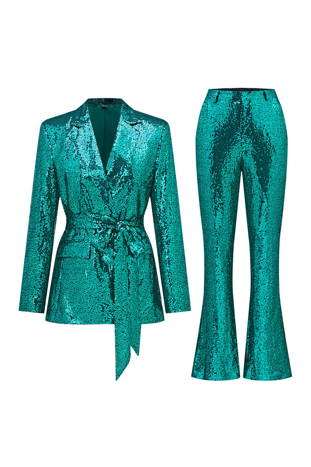 Sparkly Green Sequins Notched Lapel Women Suits with Belt