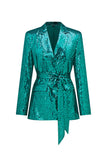 Glitter Green Sequins Notched Lapel Women Suits with Belt