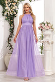 Sparkly Purple A Line Halter Long Prom Dress