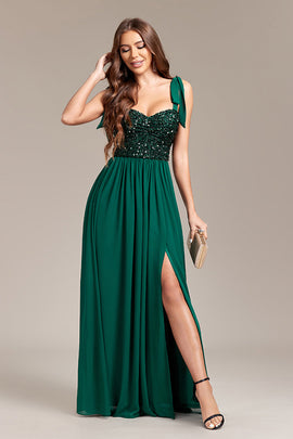 Sparkly Green Sequins Long Prom Dress With Slit