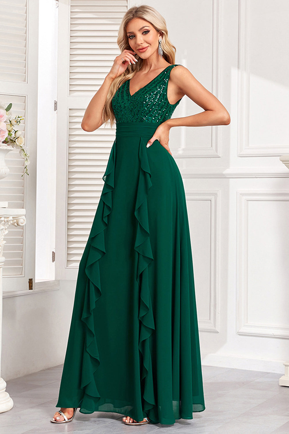 Sparkly Dark Green A Line Sequins Long Prom Dress with Ruffles