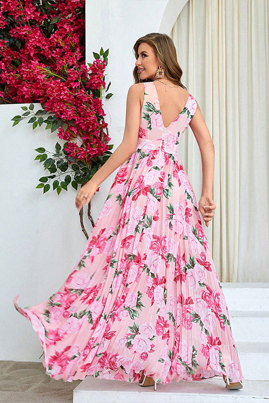 Pink Flower Print Pleated A Line Long Prom Dress with Slit