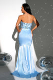 Sparkly Blue Strapless Mermaid Long Prom Dress with Slit