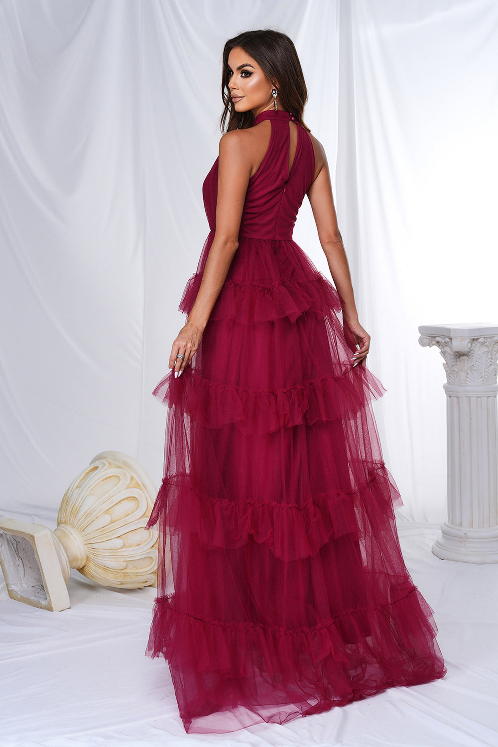 Burgundy Halter Tiered Tulle A Line Long Prom Dress