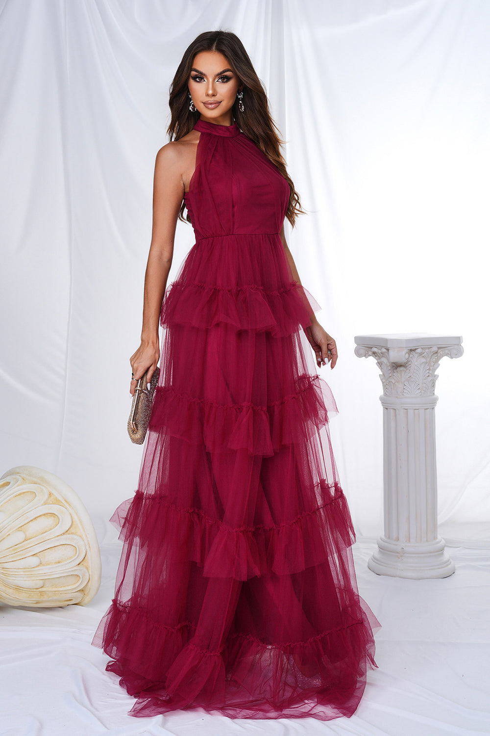 Burgundy Halter Tiered Tulle A Line Long Prom Dress