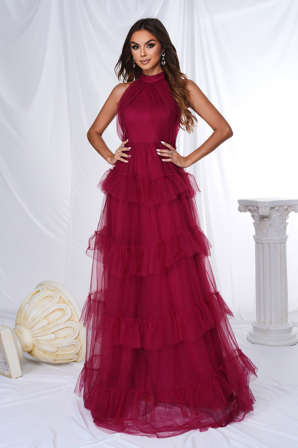 Burgundy Halter Tiered Tulle A Line Long Prom Dress