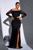 Black Cut Out Mermaid Off the Shoulder Appliques Long Sleeves Prom Dress with Slit