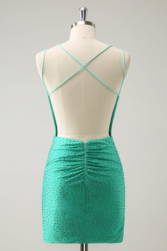 Green Open Back Tight Short Homecoming Dress with Beadings