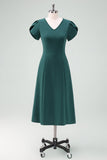 V-Neck Dark Green Cocktail Dress with Short Sleeves