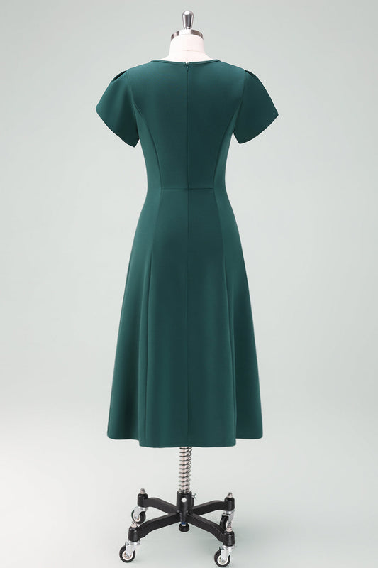 Dark Green V-Neck Cocktail Dress with Short Sleeves