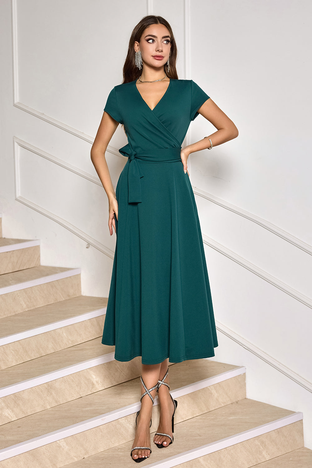 A-Line Dark Green Cocktail Dress with Short Sleeves