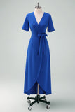 Royal Blue V-Neck Long Cocktail Dress with Short Sleeves