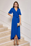 Royal Blue V-Neck Long Cocktail Dress with Short Sleeves