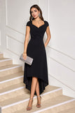 Black V-Neck High-Low Cocktail Dress with Cap Sleeves