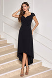 Black V-Neck High-Low Cocktail Dress with Cap Sleeves