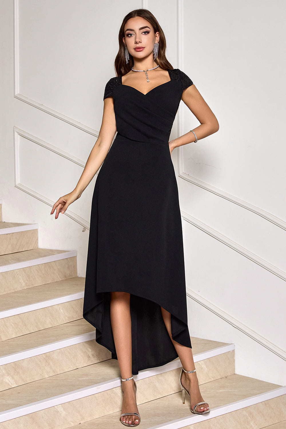 Black V-Neck High-Low Cocktail Dress with Cap Sleeves