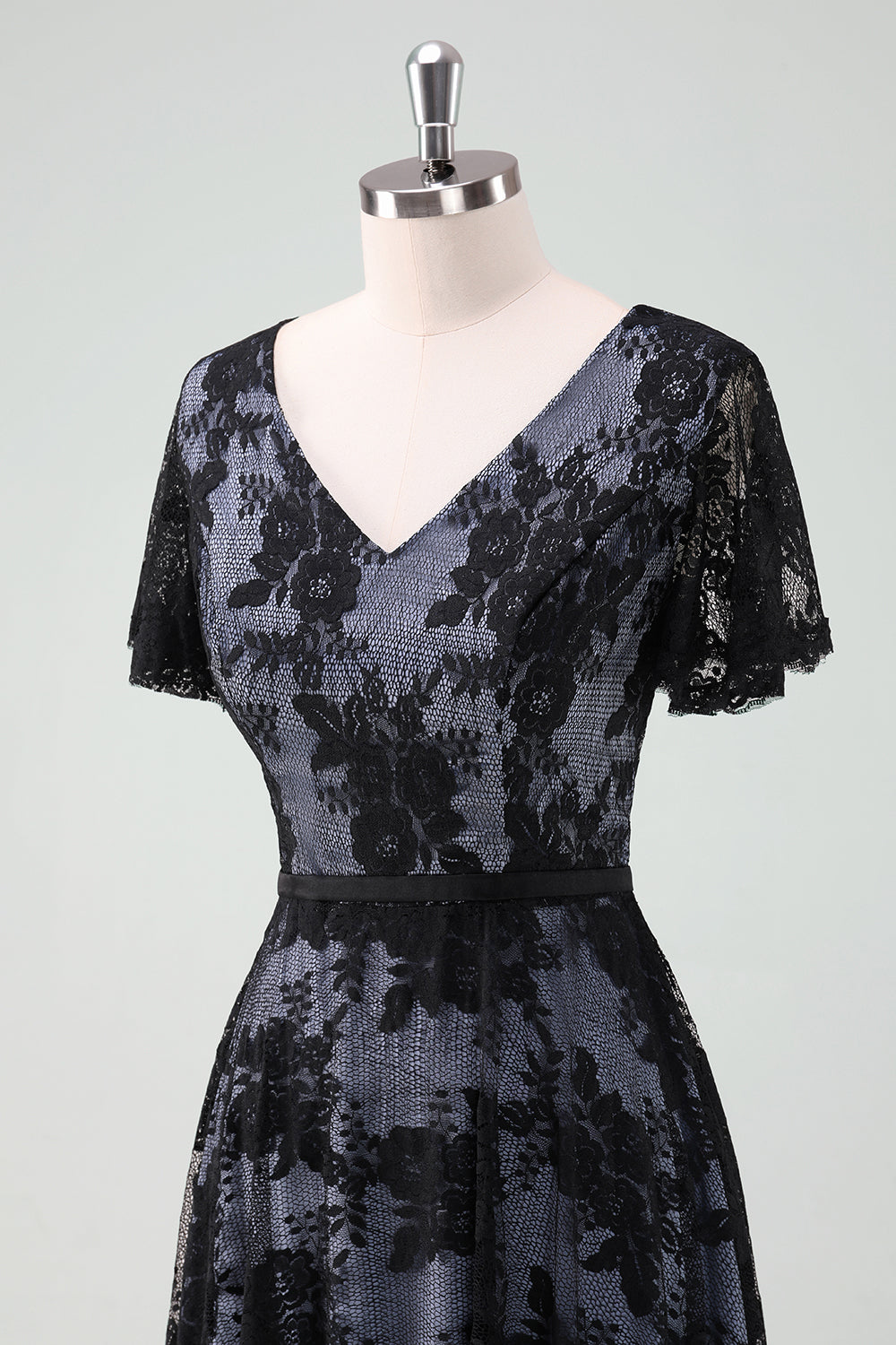 Black V-neck Short Sleeves Lace A-Line Mother of Bride Dress