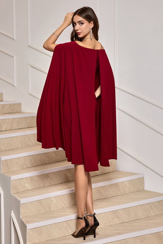 Burgundy Bodycon Off the Shoulder Cocktail Dress With Cape Sleeves