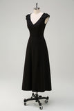 Black A-Line V-Neck Appliques Wedding Guest Dress