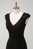 Black A-Line V-Neck Appliques Wedding Guest Dress