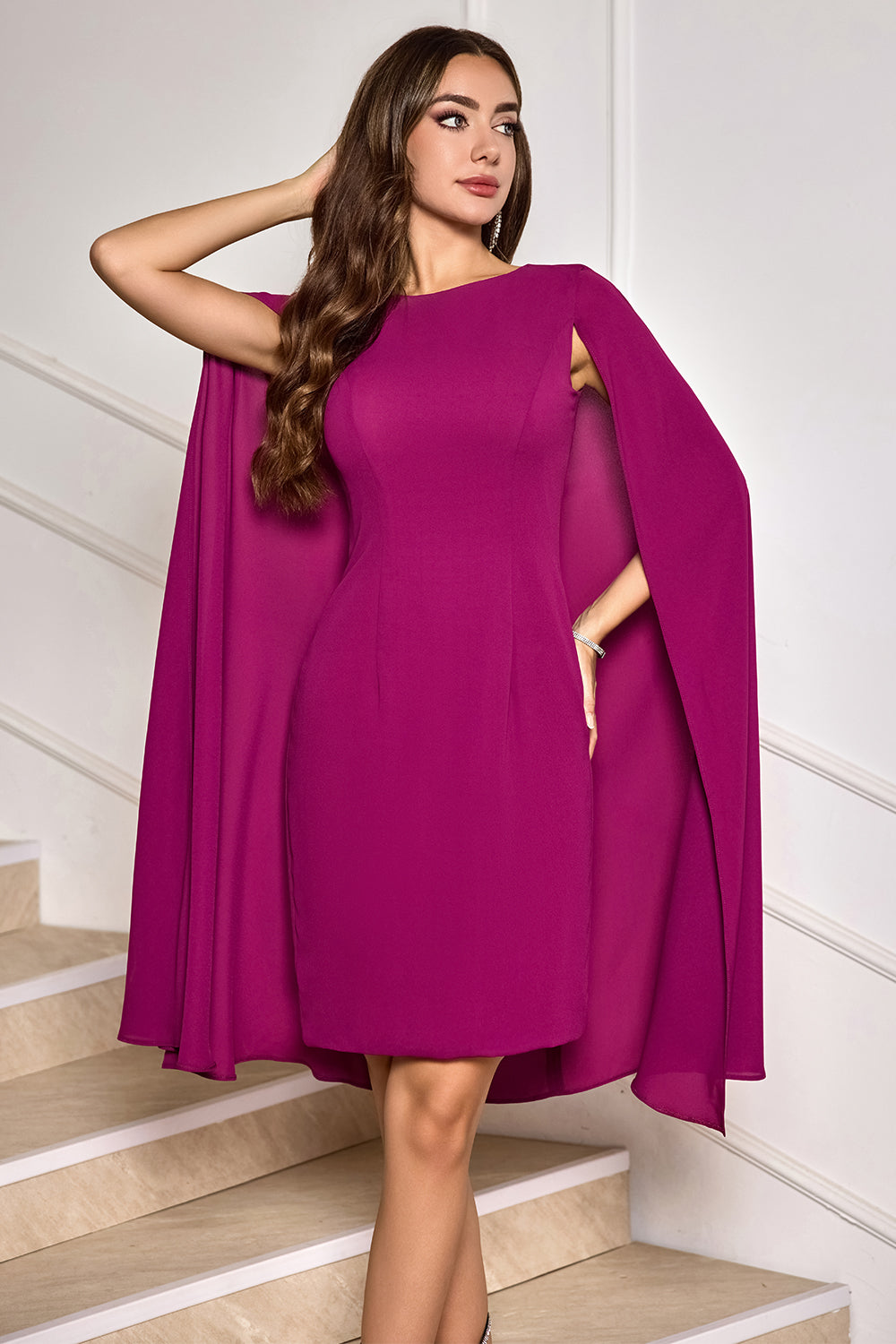 Grape Round Neck Bodycon Cocktail Party Dress With Cape