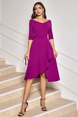 Grape Purple Ruffled Asymmetrical Cocktail Dress with Half Sleeves