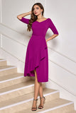 Grape Purple Ruffled Asymmetrical Cocktail Dress with Half Sleeves