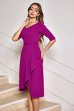 Grape Purple Ruffled Asymmetrical Cocktail Dress with Half Sleeves