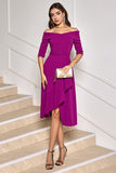 Grape Purple Ruffled Asymmetrical Cocktail Dress with Half Sleeves