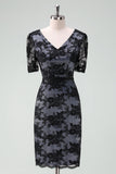 Black V-Neck Lace Sheath Midi Cocktail Dress with Short Sleeves