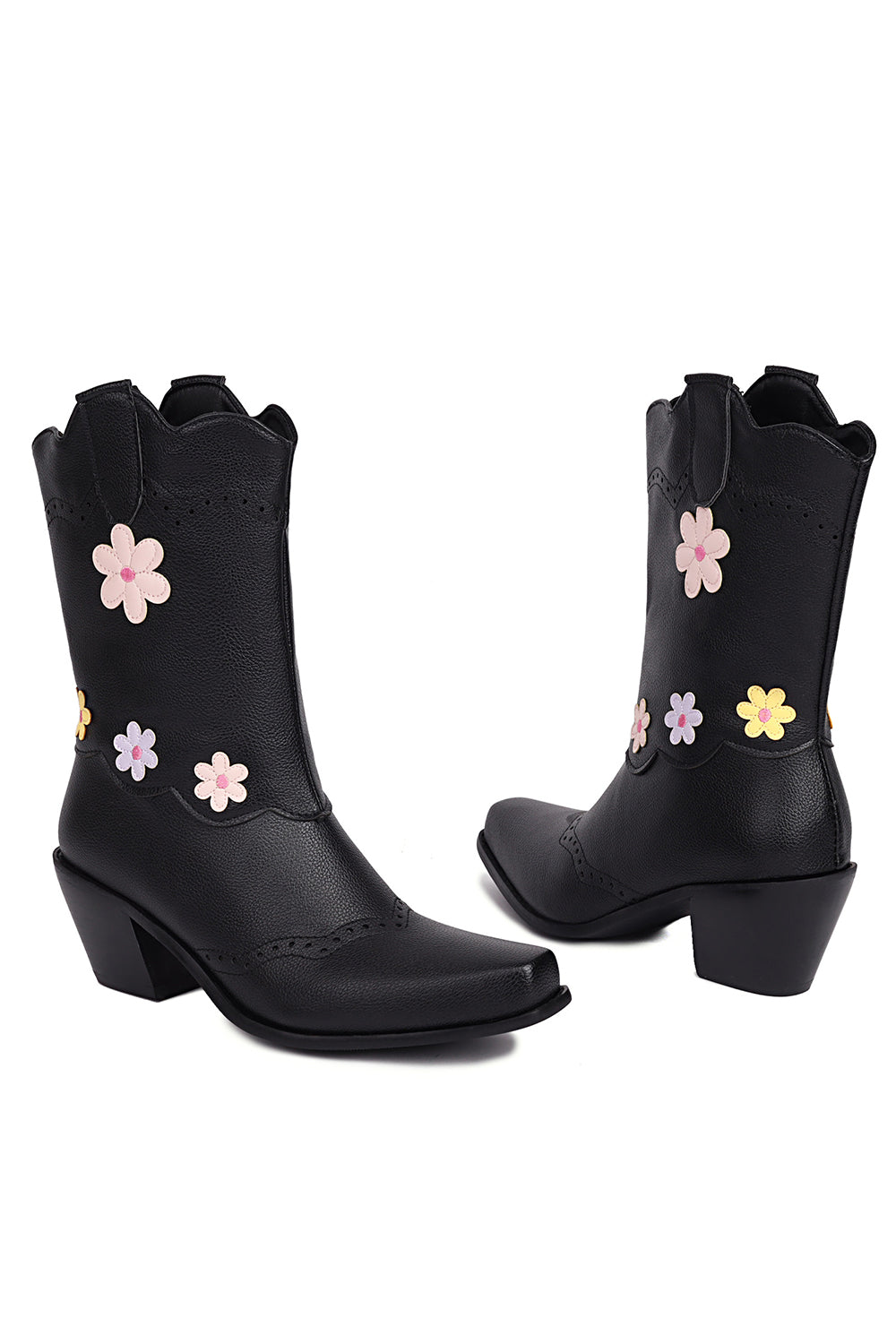 Black Mid Calf Chunky Heel Cowgirl Boots