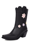 Black Mid Calf Chunky Heel Cowgirl Boots