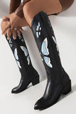 Black Butterfly Pattern Mid Calf Chunky Heel Cowgirl Boots