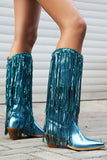 Women's Blue Fringe Metallic Pointed Toe Chunky Heel Mid Calf Boots