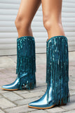 Women's Blue Fringe Metallic Pointed Toe Chunky Heel Mid Calf Boots