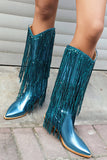 Women's Blue Fringe Metallic Pointed Toe Chunky Heel Mid Calf Boots