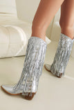 Women's Blue Fringe Metallic Pointed Toe Chunky Heel Mid Calf Boots