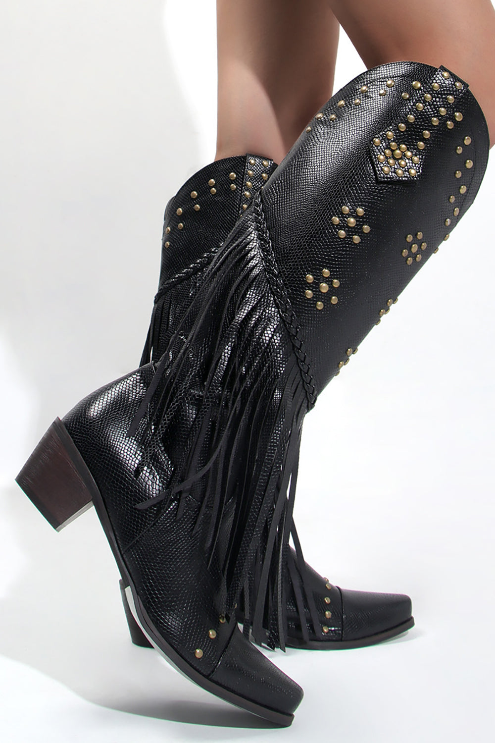 Women's Black Beaded Fringes Pointed Toe Chunky Hell Boots