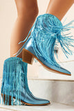 Women's Blue Fringe Metallic Pointed Toe Fashion Boots