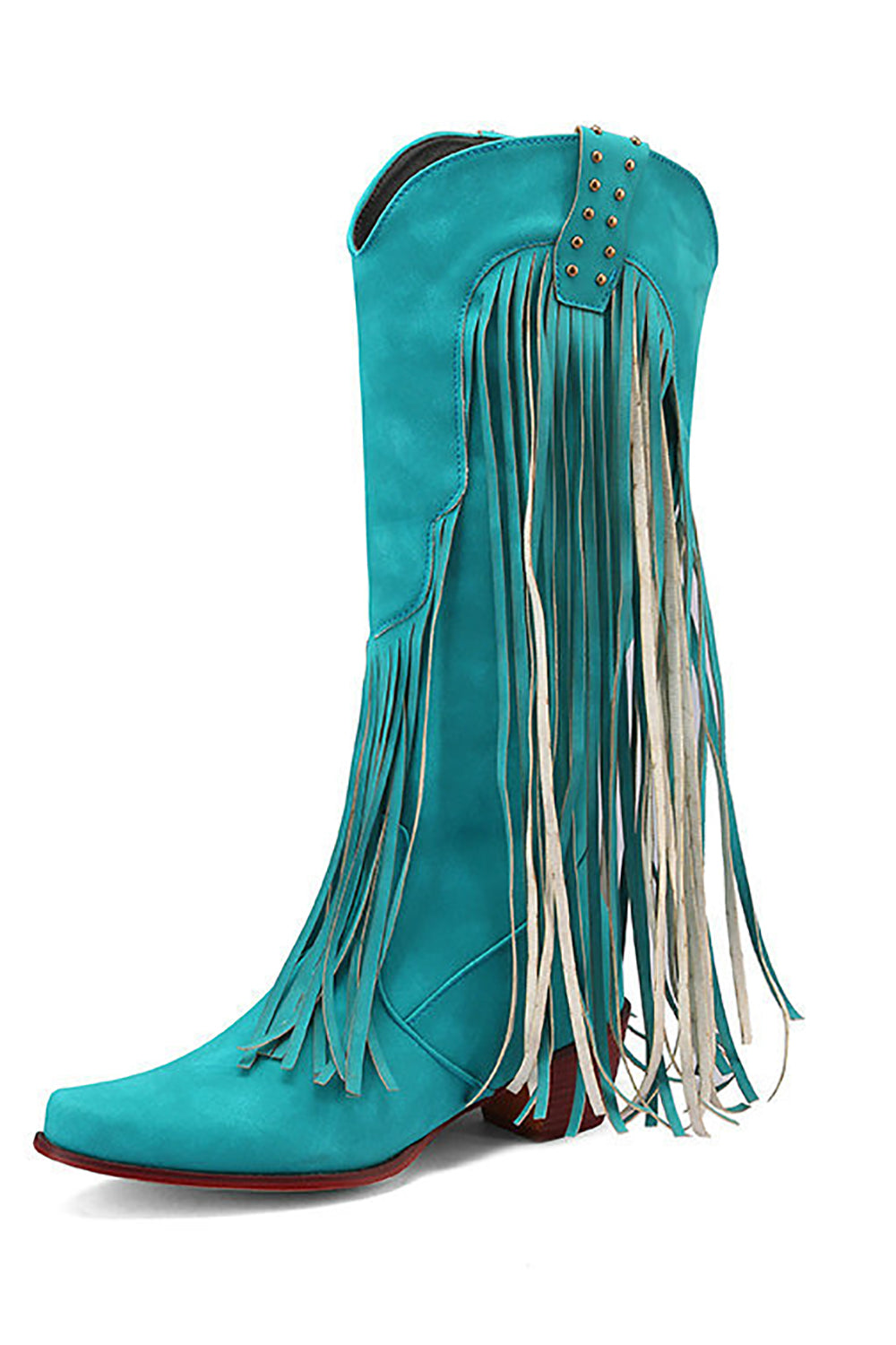 Blue Pointed Toe Wood Grain Thick Heel Boots with Tassel