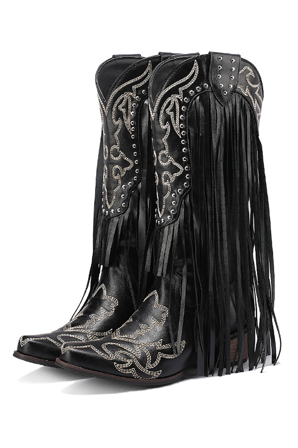 Women's Black Embroidery Tassel Leather Boots