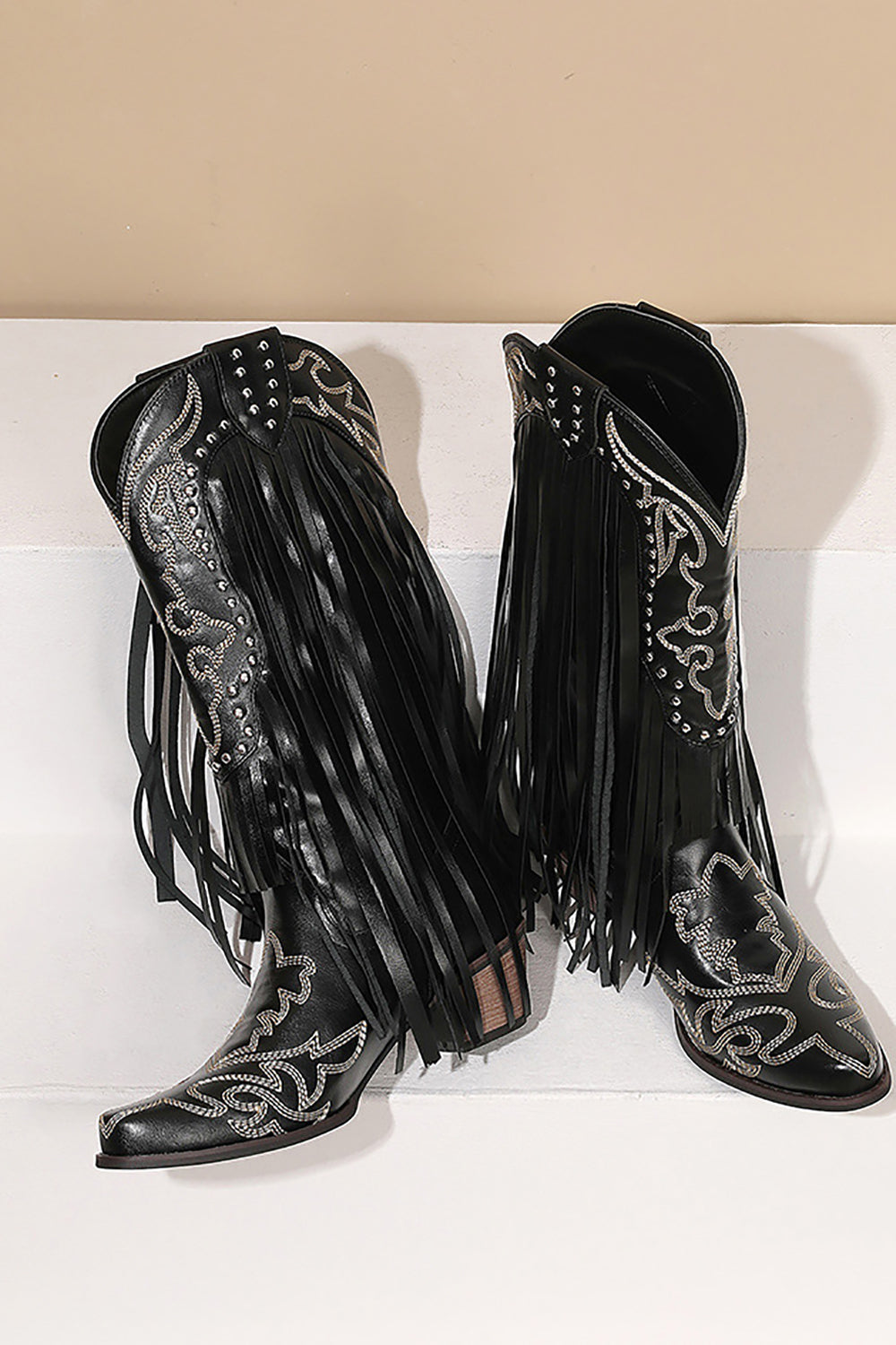 Women's Black Embroidery Tassel Leather Boots