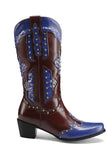 Women's Embroidered Blue Pointed Toe Calf High Cowgirl Boots